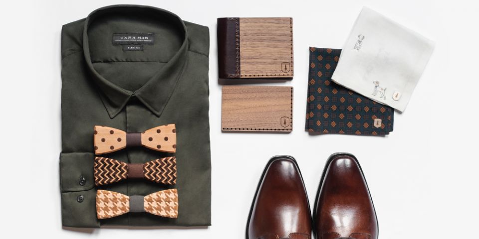 BeWooden - Collage of products pocket square Doggy card holder wallet wooden bow ties Dolo Trio Lynx