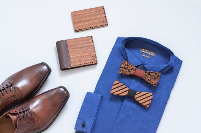 Photo of a blue shirt with wooden bow ties, the Red Virilia wooden wallet and cardholder