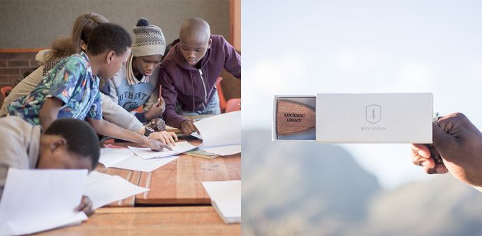 A collage of photographs from the charity campaign Made by Africa with wooden accessories from mahogany wood