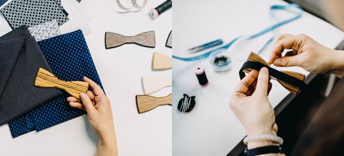 stitching seams fastening on a wooden bow tie