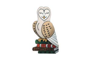 Wooden brooch Reading owl