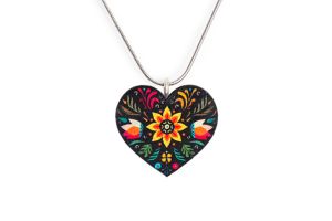 Wooden Pendant Folk Heart – Black