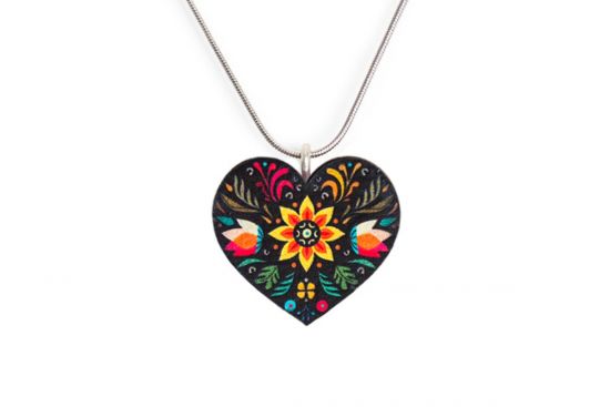 Wooden Pendant Folk Heart – Black