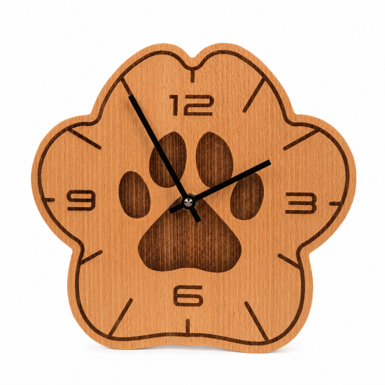 Wooden Clock Made of Solid Beech with a Paw Motif Wooden Clock Made of Solid Beech with a Paw Motif