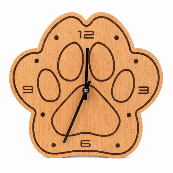 Wooden Clock Made of Solid Beech with a Paw Outline Wooden Clock Made of Solid Beech with a Paw Outline