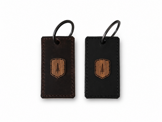Leather keyring with wooden logo Leather keyring with wooden logo