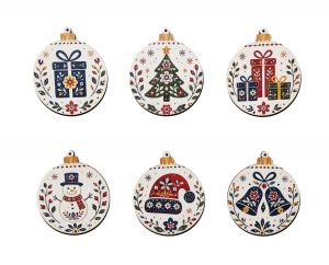 Wooden Christmas Ornaments with Folk Motifs – Set of 6