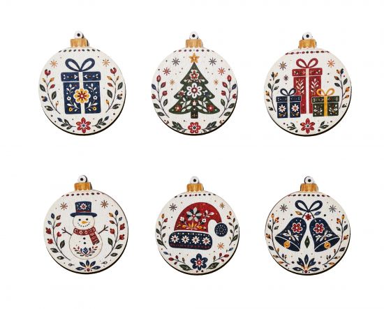 Wooden Christmas Ornaments with Folk Motifs – Set of 6