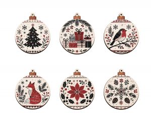 Wooden Christmas Ball Ornaments with Scandinavian Motifs – Set of 6